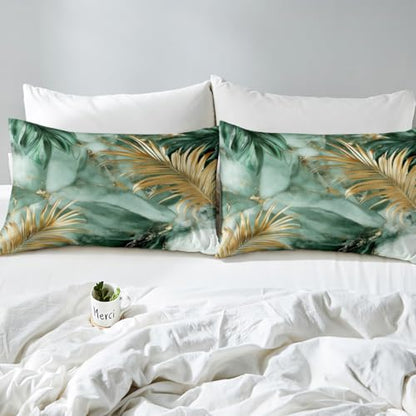 Tropical Leaves Bed Sheet Set Twin Size 3Pcs,Modern Fashion Marble Texture Fitted Sheet Set for Kids Men Teens,Seaside Palm Leaves Bedding Set with 1 Flat & 1 Fitted Sheet with 1 Pillowcase - color: Green and Gold, size: TWIN (W39*L75*H16")