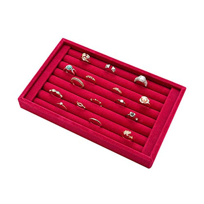AKOAK 1 Pack Jewelry Display Tray Wooden Flannel Dresser Ring Earring Bracelet Watch Storage Case Portable Display Rack (rose red) - color: rose red