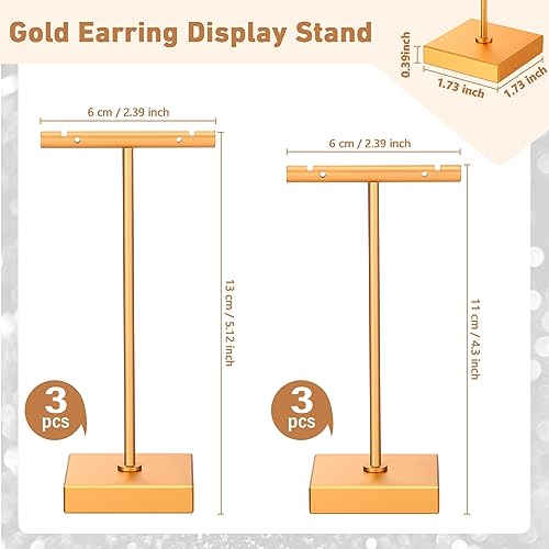 Kigeli 6 Pack Metal Bar Earring Display Stand Retail Earring Display Holder Detachable Metal Display Storage Rack Jewelry Photography Prop, Square Base, Height 4.3" and 5.1"(Gold) - color: Gold