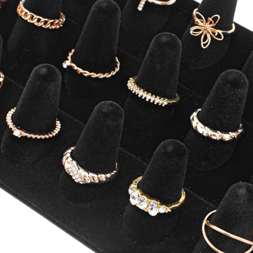 2 Pack Velvet Finger Ring Display, 18 Slot 3-Tier Jewelry Counter Showcase Storage Organizer Holder Stand for Rings, Black