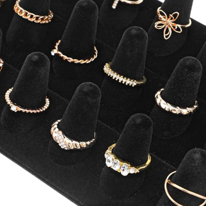 2 Pack Velvet Finger Ring Display, 18 Slot 3-Tier Jewelry Counter Showcase Storage Organizer Holder Stand for Rings, Black