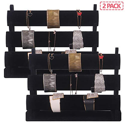 2 Pack Velvet Bracelet Holder with 3 Tier Rack, Jewelry Display Stand Watch Bangle Bar Necklace Storage Organizer, Black
