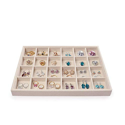 Oirlv Stackable Linen Jewelry Tray Adjustable 24 Grid Jewelry Storage Case for Drawer or Showcase - size: 24 Grids