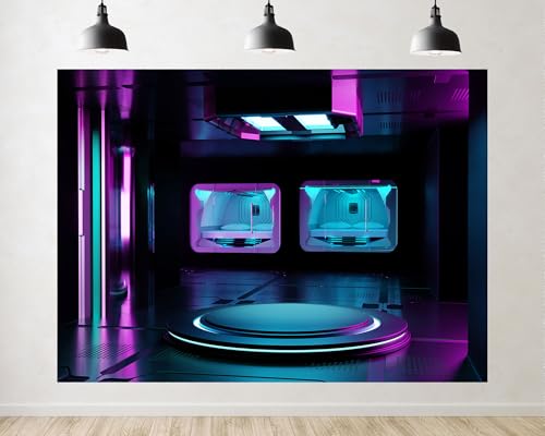 Trykid 15x10ft Cyberpunk Spaceship Podium Backdrop Futuristic Neon Glowing Stage Photography Background Product Display Gaming Streamer Party Decoration Tapestry Photo Booth Prop Fabric - size: 15x10ft