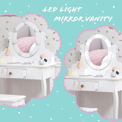 Spirich Kids Vanity, Girls Vanity Set with Mirror and Stool and Lights, Kids Vanity Table and Chair Set,Wooden Princess Makeup Desk Dressing Table - size: Round Shape With Led Blubs