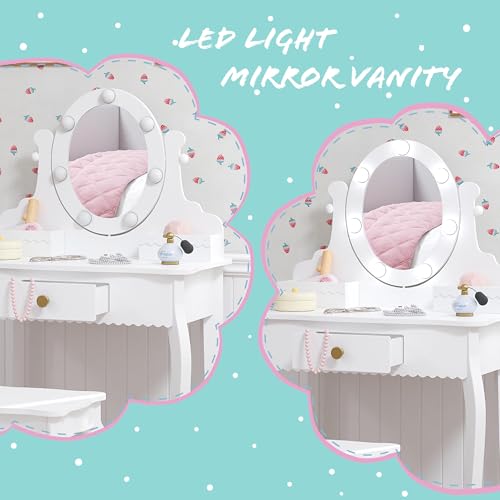 Spirich Kids Vanity, Girls Vanity Set with Mirror and Stool and Lights, Kids Vanity Table and Chair Set,Wooden Princess Makeup Desk Dressing Table - size: Round Shape With Led Blubs