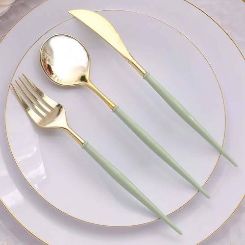Efavormart 24-Pack 8" Gold and Sage Green Disposable Plastic Silverware; Organic Dual-Tone Heavy-Duty Cutlery for Rustic Receptions, Farmhouse Events and Nature Decor - color: Sage Green, size: 8"