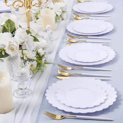 SUT 72-Pack 10.25 Inch White Heavy Duty Plastic Dinner Plates, Disposable Plates, Scallop Plates for Parties, Events, and Occasions - color: White, size: 10.25 Inch