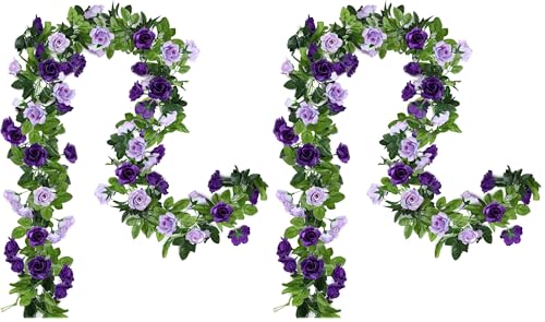 Floweroyal 4 Pack Artificial Flower Garlands 15.8FT Fake Rose Vines Silk Flowers Hanging Rose Ivy for Wedding Arch Party Home Garden Wall Decor (Purple) - color: Purple, size: 2pcs (Pack of 2)