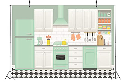 Fabric 12x8ft Cartoon Kitchen Backdrop Home Interior Baking Cook Tools Background for Photography Cooking Party Decor Online Bake Class Banner Kids Event Play Video Recording Photoshoot Props - size: 12x8FT