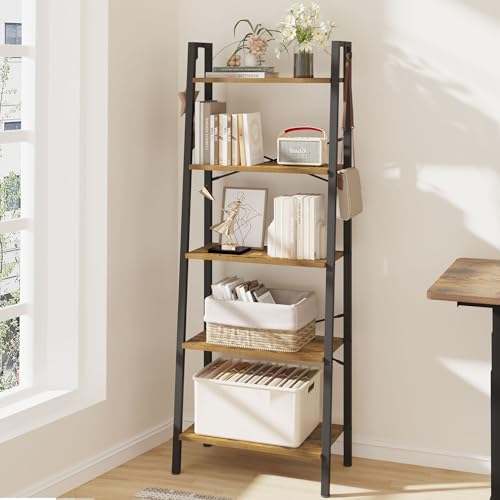 Hzuaneri Ladder Shelf, Bookshelf Bookcase, Freestanding Corner Storage Shelve with 2 Hooks for Home Office, Living Room, Kitchen, Bedroom, Industrial, 11.8" D x 23.6" W x 63" H, Rustic Brown BC19301B - color: Rustic Brown, size: 11.8"D x 23.6"W x 63"H