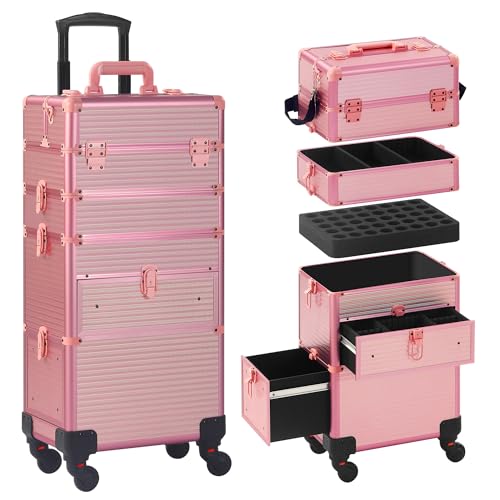 Somduy Rolling Makeup Case with Drawer, Makeup Train Case, 4 in 1Cosmetology Case on Wheels, Christmas Gift, Large Makeup Case Organizers, Profesional Cosmetic Case for Salon Barber, Light pink - color: Light pink
