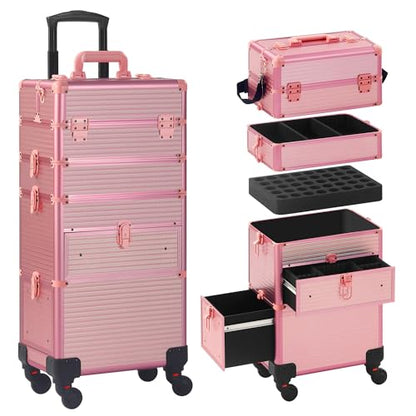 Somduy Rolling Makeup Case with Drawer, Makeup Train Case, 4 in 1Cosmetology Case on Wheels, Christmas Gift, Large Makeup Case Organizers, Profesional Cosmetic Case for Salon Barber, Light pink - color: Light pink