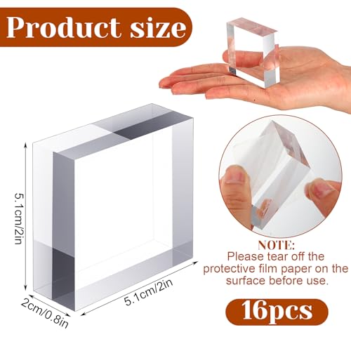 16 Pcs Clear Acrylic Display Blocks 2 x 2 x 0.8 Inch Polished Square Acrylic Cube Jewelry Display Stand Holder Base for Ring Showcase, Collectibles, Figurines