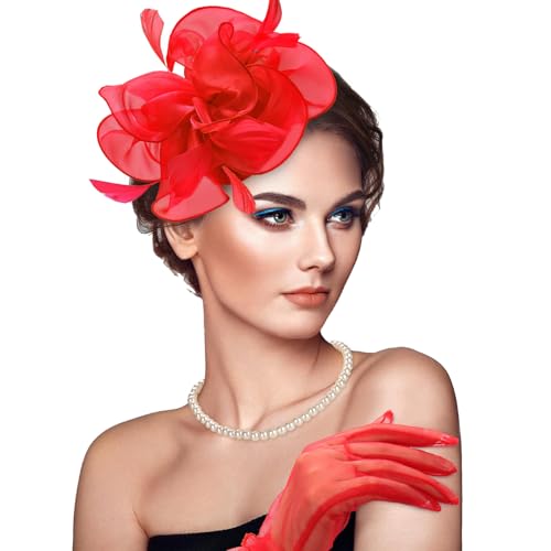 Fascinators Hats with Gloves Set for Women 20s 50s Cocktail Tea Party Wedding Costume Headwear - color: 03-red