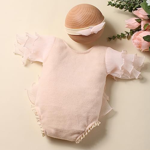 Ylsteed Newborn Photography Outfits Girl Lace Romper with Headband Photo Shoot Outfits Girls Photo Props - Ruffles Beige - color: Beige