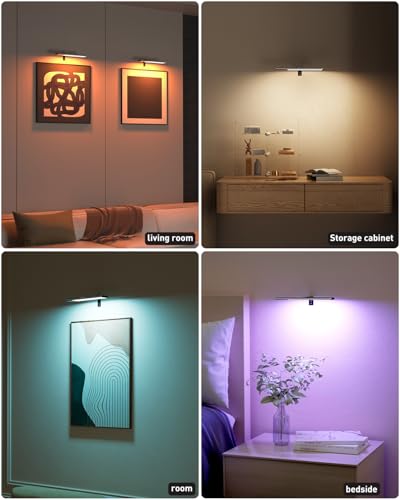 Diomart Picture Lights for Wall, 12'' Dimmable Remote LED Art Light with 15 Color Temps, USB-C Rechargeable Battery Picture Light Wireless, Timer, for Paintings, Canvas, Photos, Bedroom（Black） ﻿