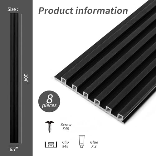 Art3dwallpanels Wood Slat Wall Paneling, 104'' x 6.7'' WPC Soundproof 3D Wall Panels for Interior Wall Decor, 8 Pack Fluted Textured Panel Wall Slats,Black - color: Black, size: 104'' x 6.7'' , 8 Pack