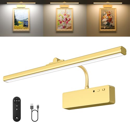 Picture Light, 15.35inch Wireless Picture Lights for Wall Rechargeable, 5400mAh Battery Wall Light with Remote, 3 Color Art Lighting for Paintings with Timer and Dimmable for Display, Gallery (Gold) - color: Gold, size: 15.35inch-1pack