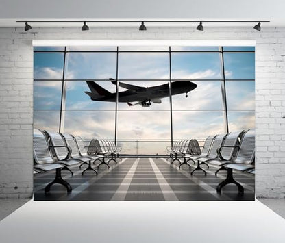 10x8ft Polyester Fabric Airport Terminal Backdrop Airplane Departure Lounge Window Photography Background Plane Party Decorations Pilot Birthday Banner Travel Theme Video Photo Shoot Props - size: 10x8FT