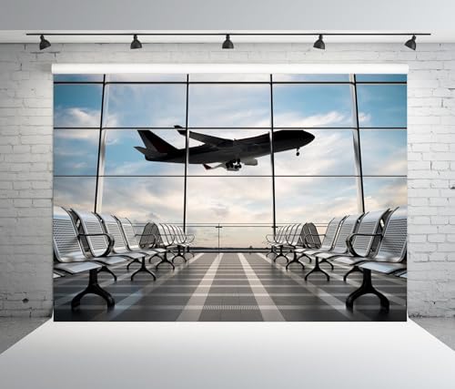 12x10ft Fabric Airport Backdrop Lounge with Plane Pilot Jet Birthday Party Video Recording Zoom Meeting Conference Baby Shower Photoshoot Business Studio Decoration Photography Props - size: 12x10FT