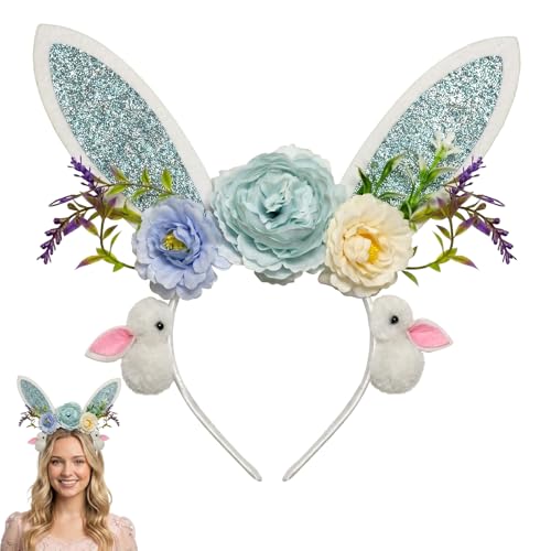 Easter Bunny Ear Headband with Floral Decorations, Glitter Rabbit Ears Hair Hoop for Women and Girls, Spring Party Hair Accessories for Photo Props,Cosplay - color: Blue