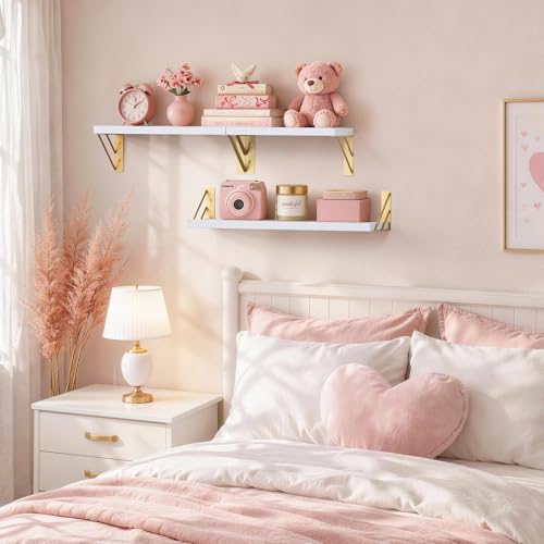 BAYKA Wall Shelves for Bedroom Decor, Floating Wall Shelves for Living Room Kitchen Storage, Wall Mounted Rustic Wood Shelves for Kids Books,Corner Shelves for Bathroom(White and Gold，Set of 3) - color: B. White Board & Gold Brackets, size: 16-inch Mixed