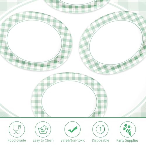 Grencian 50 Pcs Gingham Party Supplies 10"x12" Large Sage Green Gingham Oval Plates Disposable Heavy Duty Green and White Checkered Plaid Paper Plates for Baby Shower Picnic BBQ Birthday Wedding Bride - style: Green Gingham Oval Plates