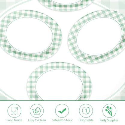 Grencian 50 Pcs Gingham Party Supplies 10"x12" Large Sage Green Gingham Oval Plates Disposable Heavy Duty Green and White Checkered Plaid Paper Plates for Baby Shower Picnic BBQ Birthday Wedding Bride - style: Green Gingham Oval Plates