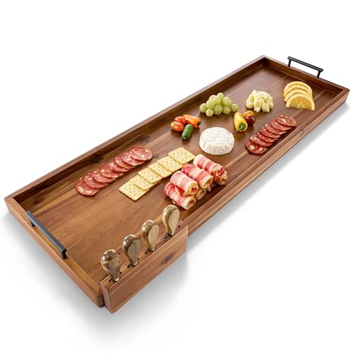 TIDITA Acacia 36 Inch Large Charcuterie Boards for Party with Cheese Knife Set of 4 – Acacia Wood Serving Tray with Handles, Long Charcuterie Board, Wooden Cheese Board - color: Acacia, size: 36" x 12" x 1.5"