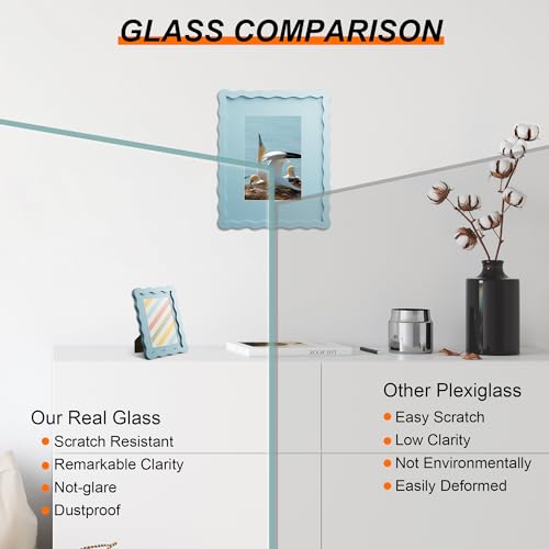 4x6 Picture Frame with Mat for 3.5x5, Wavy Edge Wooden Real Glass Photo Frame for Tabletop and Wall Hanging, Blue, 1 Pack - color: Blue, size: 4x6 in