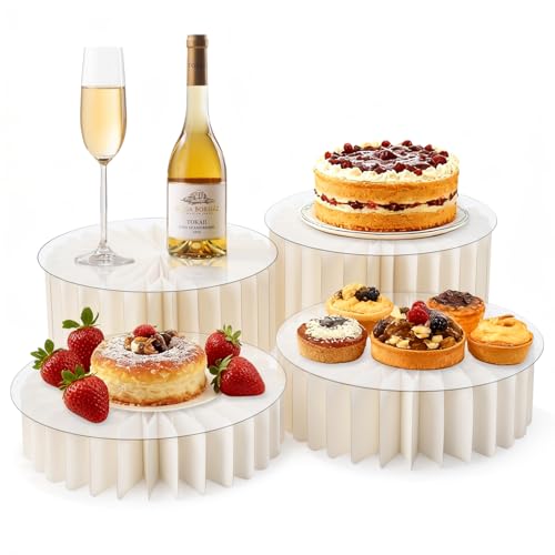 4Pcs Buffet Risers, Foldable Food Risers for Buffet Table, 12" Reusable Cardboard Display Risers Cylinder Stands with Acrylic Plates for Party, Wedding, Catering & Birthday Decor