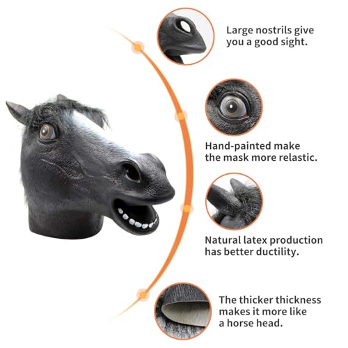 CreepyParty Horse Head Mask - Animal Halloween Costume for Parties, Cosplay, Photo Booth Props, and Pranks - Funny Gag Gift for Adults, Black
