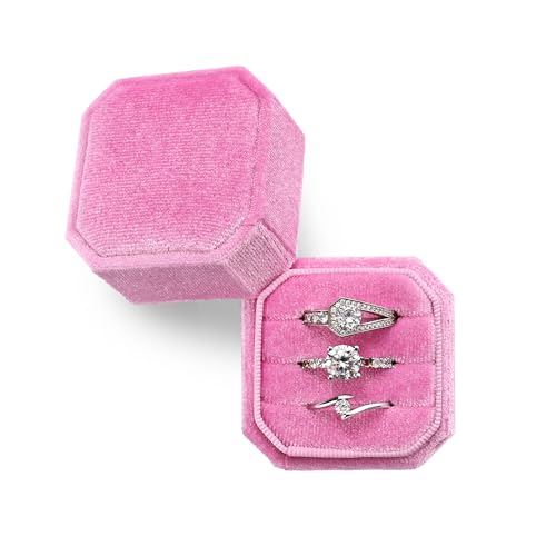 3 Slots Ring Box Velvet Ring Gift Box Wedding Day For Proposal, Engagement, Wedding, Mother's Day, Valentine's Day (Pink) - color: Pink