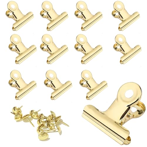 YUCHIYA 12 Pack Bulldog Clips with Push-pins for Corkboard,Metal Clips for Crafts, Metal Binder Clips for Pictures, Spring Paper Clamps for Office Documents (Gold,1.5inch) - color: Gold, size: 1.5 inch
