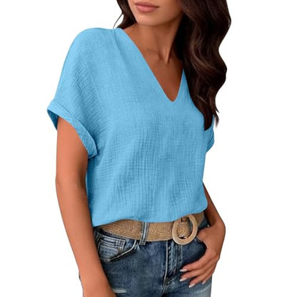 Womens Shirts Cotton Linen v Neck Short Sleeve Blouses Casual Loose Fit Textured Summer Pullovers Daily Wear - color: A01-light Blue, size: X-Large