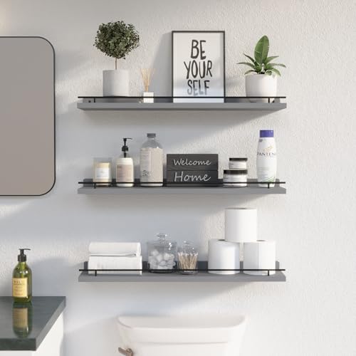 WOPITUES Floating Shelves 24 inch with Black Metal Guardrail, Shelves for Wall Decor Set of 3, Wall Shelves for Bedroom, Bathroom, Kitchen, Living Room, Plants, Picture Frames, Art- Grey - color: Grey, size: 23.6 inch