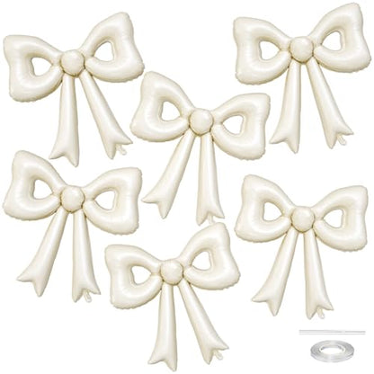 6 Pcs Cream Bow Balloons, 30 Inch Beige Bow Foil Balloon, Cream White Cutout Balloons, for Girls Women Wedding Engagement Bridal Valentine’s Day Proposal Baby Shower Birthday Party Decorations - style: Hollow Bow Cream