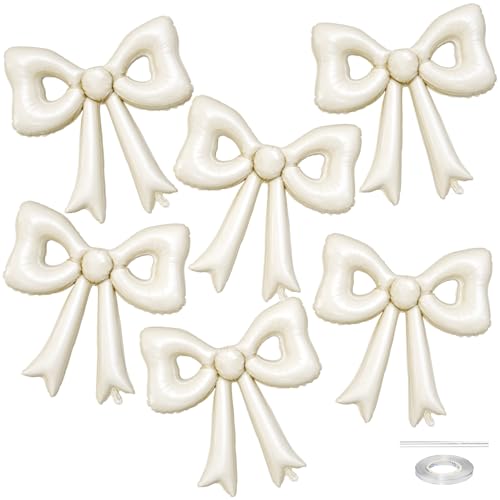 6 Pcs Cream Bow Balloons, 30 Inch Beige Bow Foil Balloon, Cream White Cutout Balloons, for Girls Women Wedding Engagement Bridal Valentine’s Day Proposal Baby Shower Birthday Party Decorations - style: Hollow Bow Cream