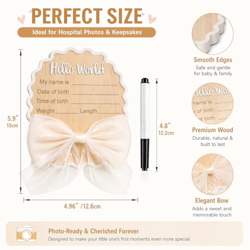 Wonhibo Newborn Announcement Sign - Baby Hospital Photo Prop Wooden Board Card with White Bow Hello World - color: White Bow