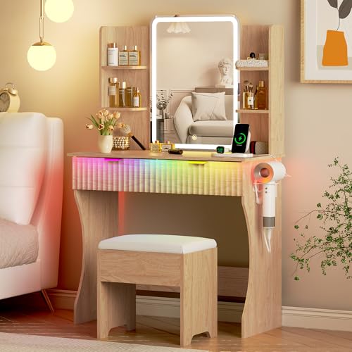 Vanity Desk with LED Lights Mirror & Power Outlet, Small Makeup Vanity Table Set with Storage Drawers & Chair, 3 Lighting Modes & Adjustable Brightness, Dressing Table for Women Girls Bedroom, Oak - color: Oak, size: 2 Drawers
