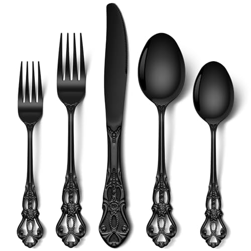Stapava 40 Pcs Black Silverware Set, Gorgeous Retro Royal Silverware Set for 8, Stainless Steel Mirror Flatware Cutlery Set, Include Forks Spoons and Knives set, Dishwasher Safe Utensils - style: Retro Royal Black