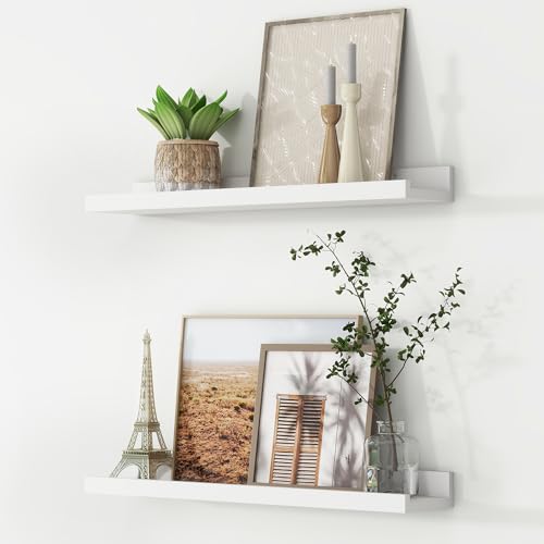FLYJOE Picture Ledge Shelf, Floating Shelves Set of 2, 24 Inches Nursery Book Shelves for Toys Storage, Kids Bookshelf Wall Mounted for Living Room Bedroom Decor Books Photo Frames, White - color: White, size: 24'', Set of 2