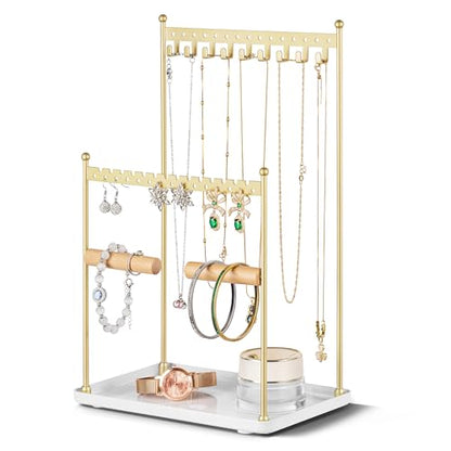 3 Tier Gold Jewelry Stand, Necklace Organizer, Earring Holder with 44 Holes and 9 Hooks, for Necklaces, Bracelets, Rings - color: Gold
