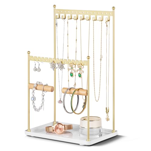 3 Tier Gold Jewelry Stand, Necklace Organizer, Earring Holder with 44 Holes and 9 Hooks, for Necklaces, Bracelets, Rings - color: Gold