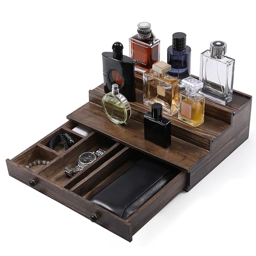 Boulphia Cologne Organizer for Men, 3-Tier Cologne Stand with Drawer and Hidden Compartment, Wooden Cologne Shelf for Perfume Display Holder, Great Gifts for Men, Vintage - color: Vintage