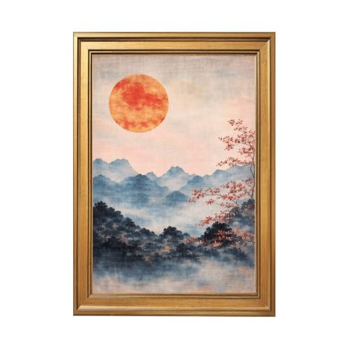 Vintage Framed Canvas Wall Art Misty Landscape with Red Sun and Cherry Blossoms Art Print Landscape Painting Pictures Wall Decor Aesthetic Decor Living Room Bedroom Dorm Office (Retro Framed,24L"x36W") - size: 24L"x36W"