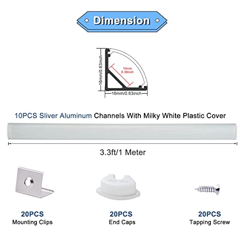 VST 10pack 3.3ft LED Channel, V Shape Led Diffuser Channel, LED Aluminum Channel System with Milky Cover, End Caps and Mounting Clips, Aluminum Profile for LED Strip Light Very Easy Installation - color: Silver & Milky, size: 3.3ft 10