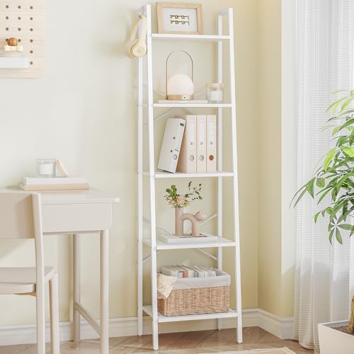Hzuaneri Ladder Shelf, Bookshelf Bookcase, Freestanding Corner Storage Shelve with 2 Hooks for Home Office, Living Room, Kitchen, Bedroom, Industrial, 11.8" D x 17.3" W x 63" H, White BC19213W - color: White, size: 11.8"d X 17.3"w X 63"h