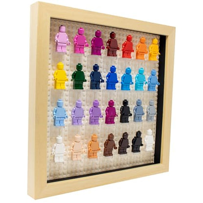 Figurine Display Case 10x10 Natural Shadow Box for Miniature Figures 10x10 Natural Wood Shadow Box with White Base to Display Up to 28 Block Figures - color: Natural With White Backing, size: 10x10